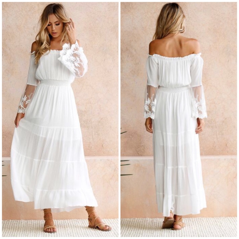 White Off Shoulder Sheer Lace Trim Maxi Dress